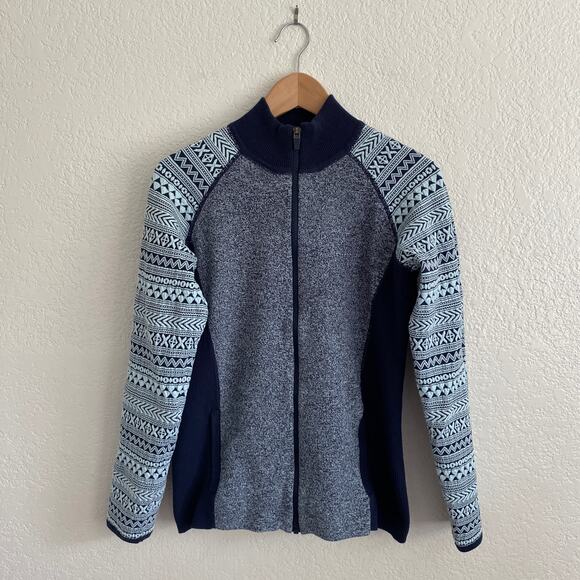 Title nine Sweaters - Title Nine Cotton Wool Blend Knit Fair Isle Sleeve Full Zip Mock Neck Sweater